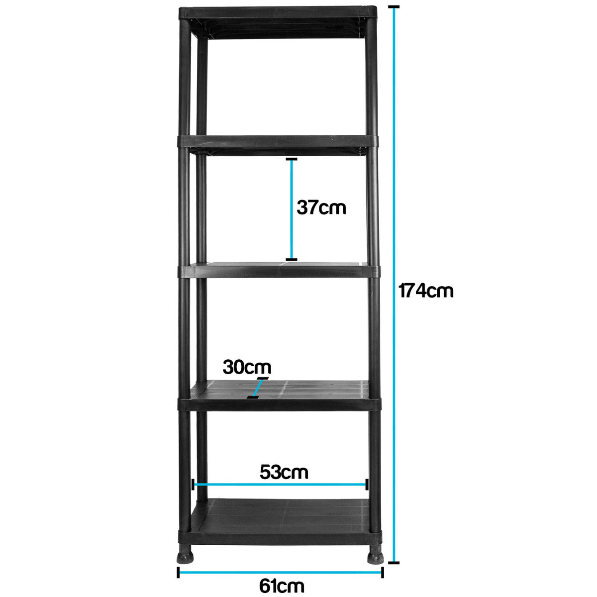Black plastic 5-tier shelving unit with dimension labels showing 174cm height, 61cm base width, 53cm shelf spacing, 30cm shelf depth, and 37cm middle shelf spacing.