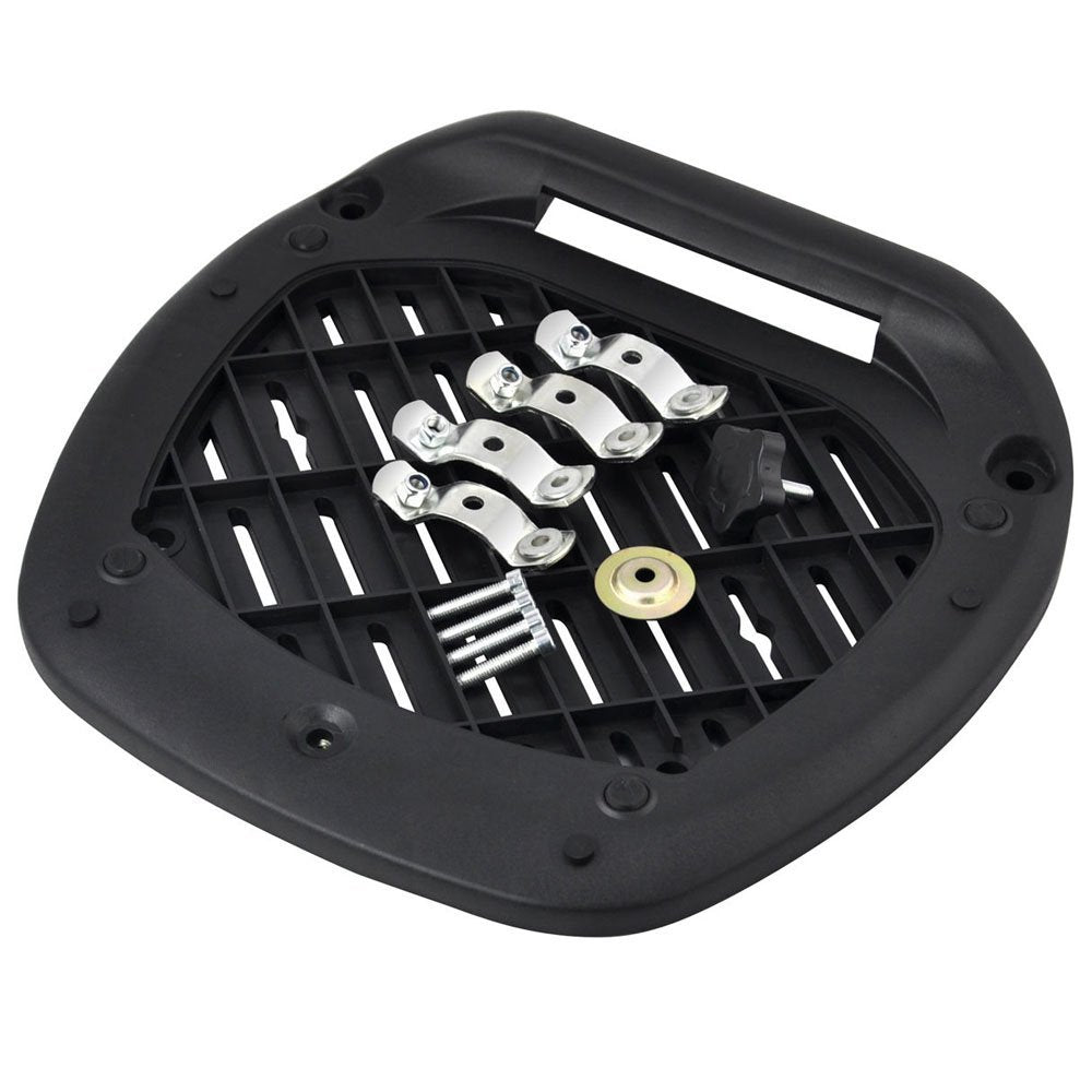 Black plastic mounting plate with a slotted vent design, shown with included silver metal brackets, screws, and a small gold-coloured washer on a white background.