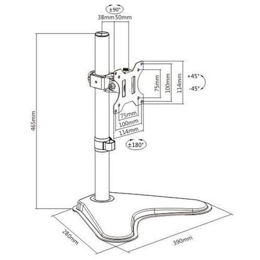 Technical drawing of a single monitor stand with dimensions labeled