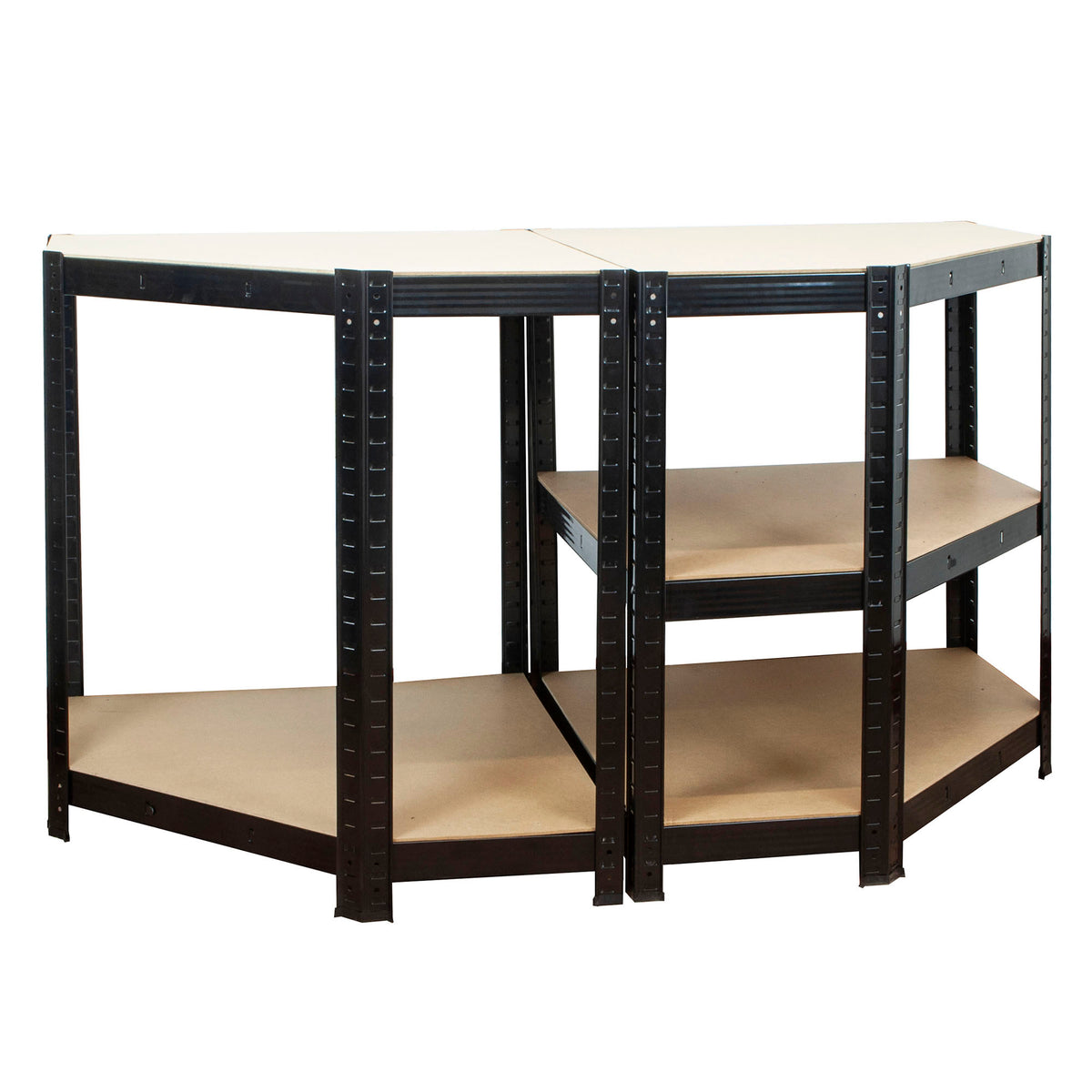 Black metal corner shelving unit with beige panels on a white background.