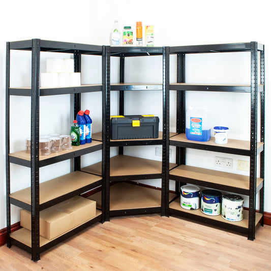 A corner shelving unit with extra units either side, with household items on the shelves