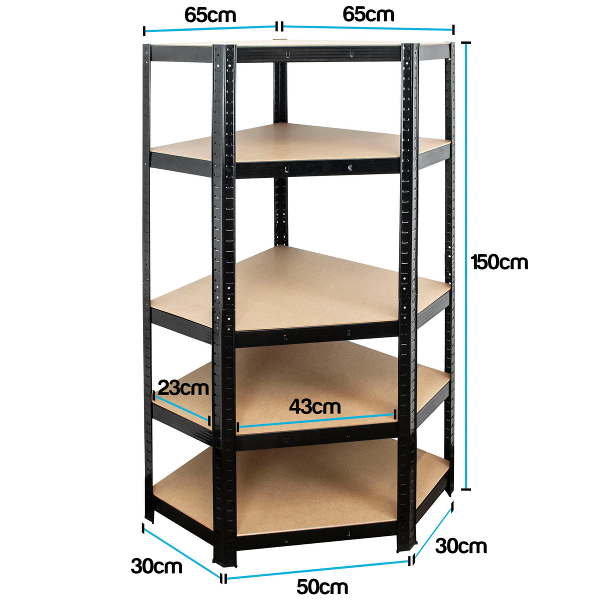 A dimension diagram showing the size of a corner shelving unit