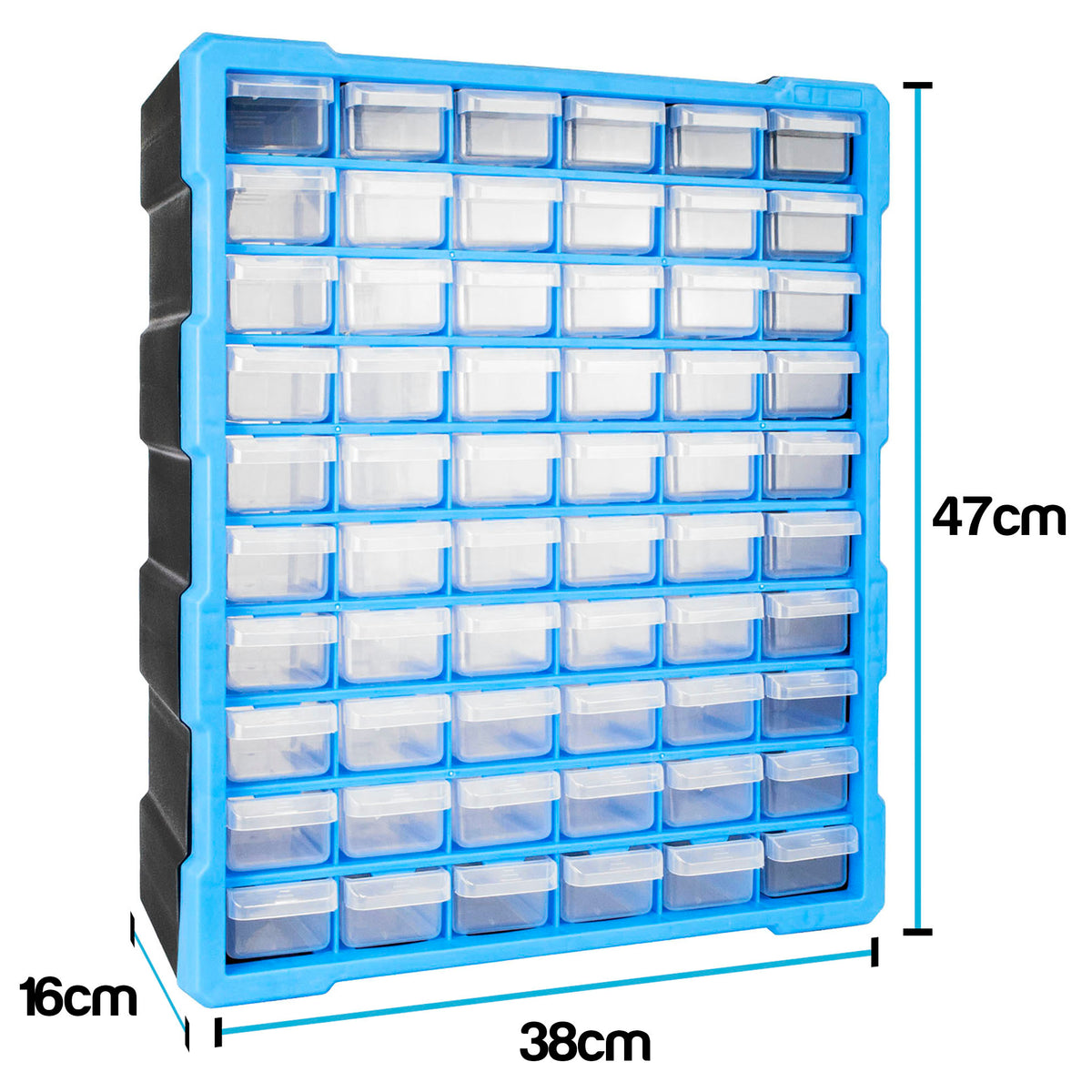 A blue and black wall-mounted organizer rack with multiple small clear plastic drawer compartments, shown with dimension labels indicating 16cm width, 38cm depth, 47cm height, and 24 drawers.