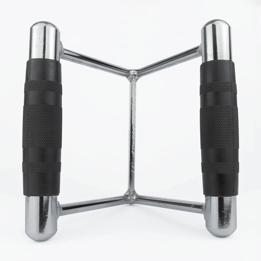 A chrome steel pull bar with black textured grip handles, shown from a front-facing perspective on a white background.