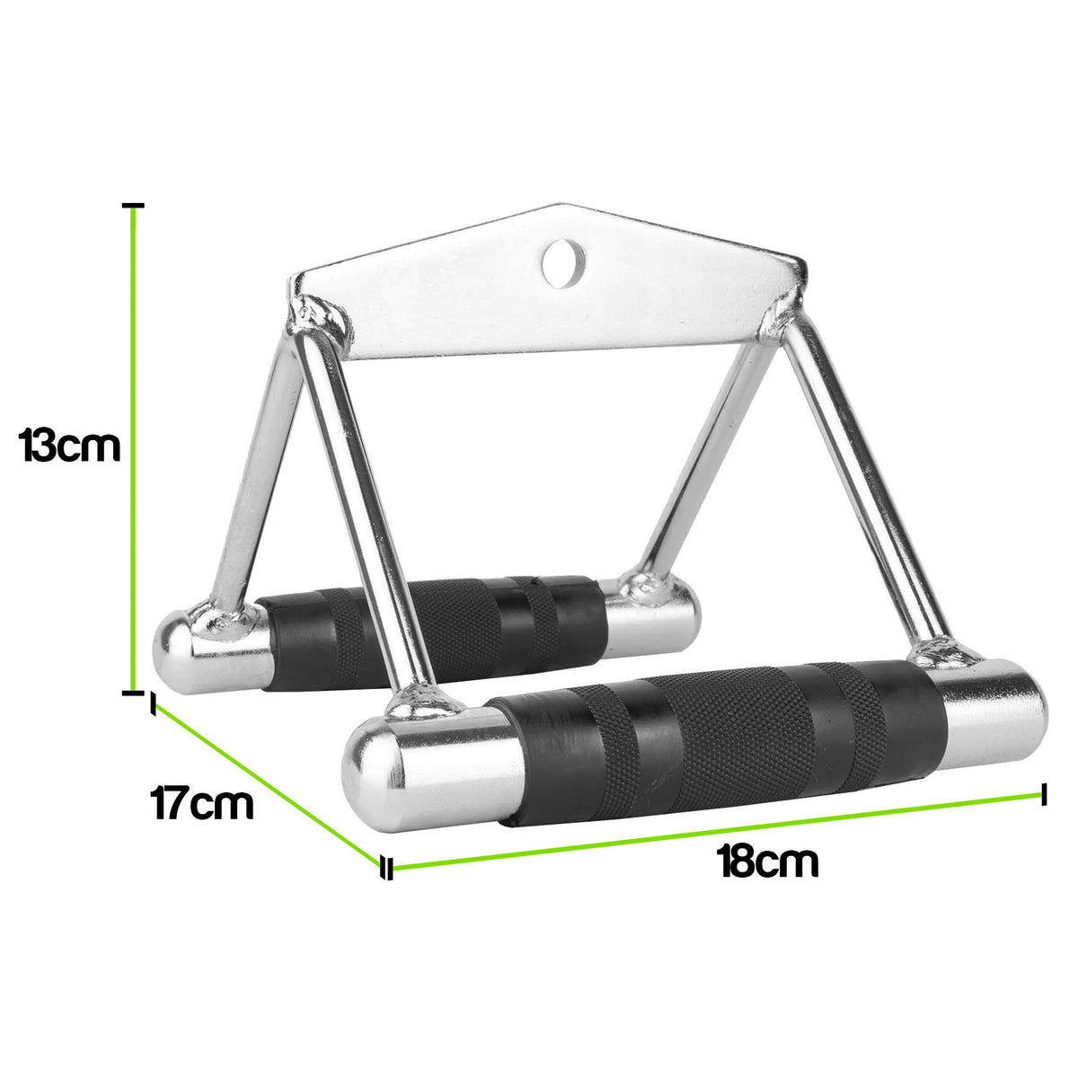 A chrome steel gym machine bars with black rubber grips, shown with green dimension lines and text indicating measurements of 13cm height, 17cm width, 18cm length, and 17cm diagonal on a white background.