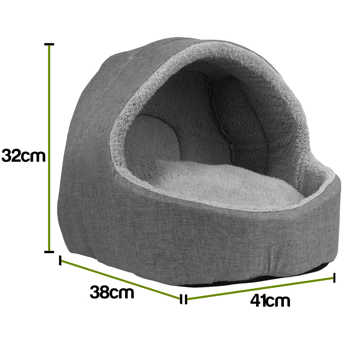 Gray fabric cave-style pet bed with dimension markings showing height 32cm, width 38cm, and depth 41cm on a white background.