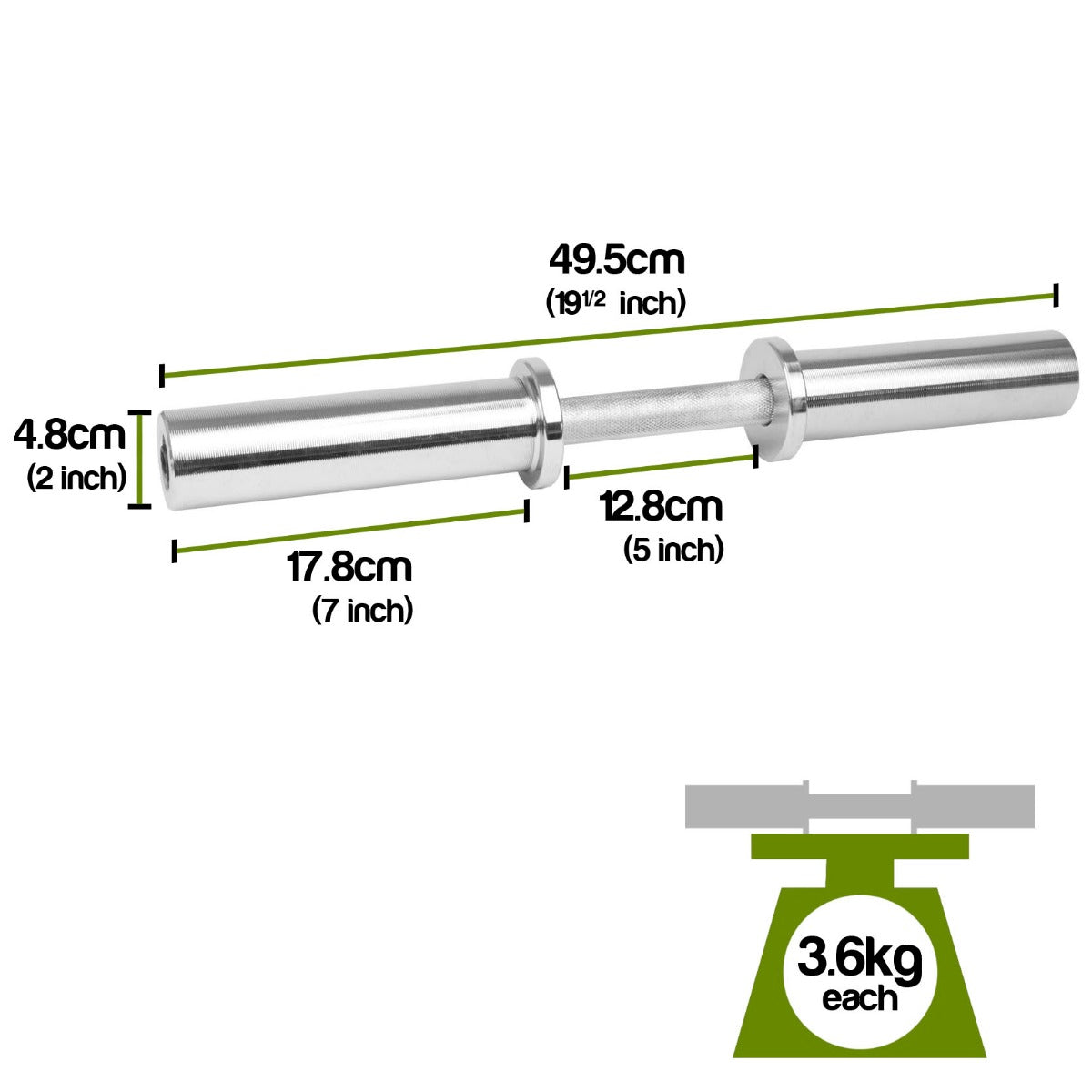 2" Olympic Dumbbell Bars Pair with Spring Collars Dimensions
