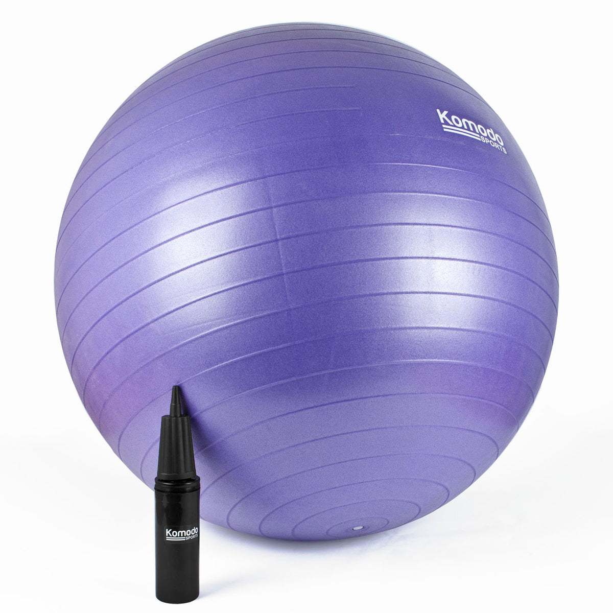 Purple exercise ball with a pump on a white background