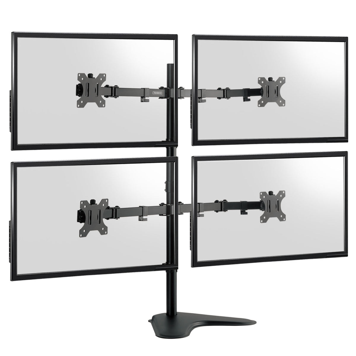 A 4-monitor desktop display stand with a black metal base and four adjustable arm mounts, shown against a plain white background.