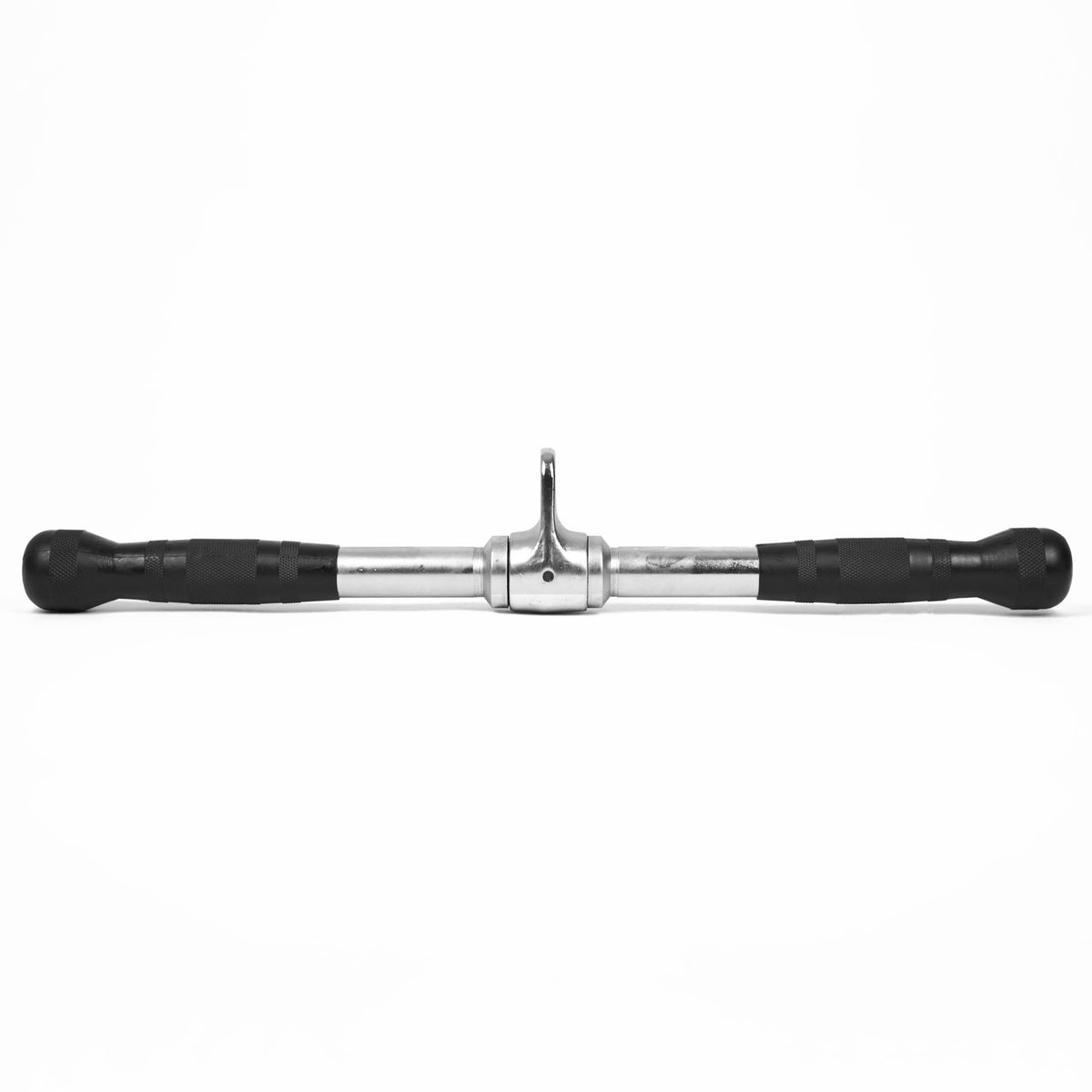 A silver metal pull bar with black textured grips on both ends, shown horizontally against a plain white background.