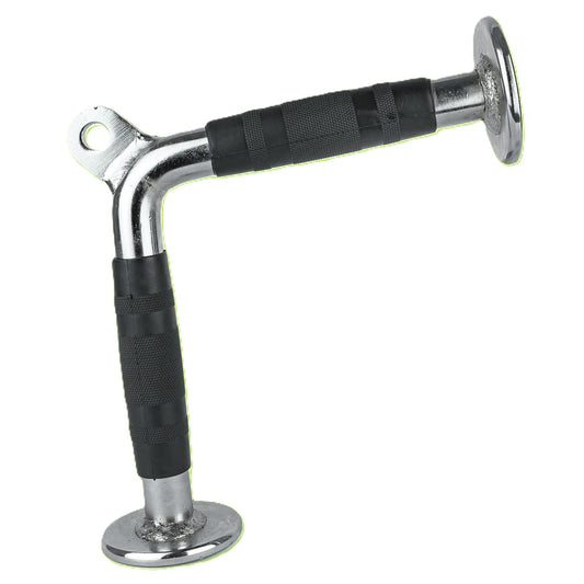 A chrome Tricep Pressdown V Bar Cable Attachment with black textured rubber grips on both handles, shown against a plain white background.