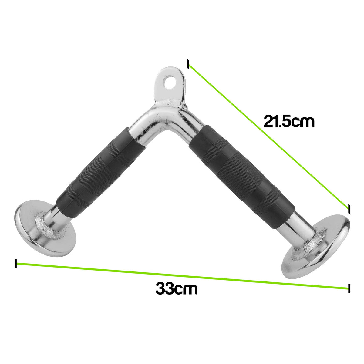 A chrome and black Tricep Pressdown V Bar Cable shown on a white background with green dimension lines indicating a total width of 33cm and a diagonal length of 21.5cm.