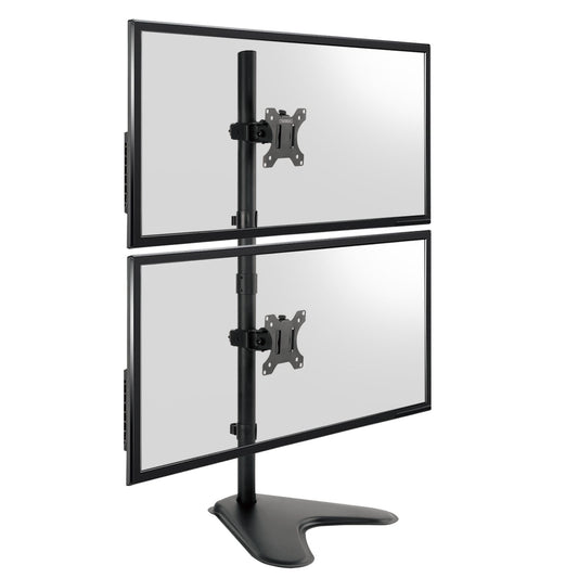 A dual monitor stand with two adjustable flat-screen displays mounted on a black central pole and curved base, shown on a plain white background.