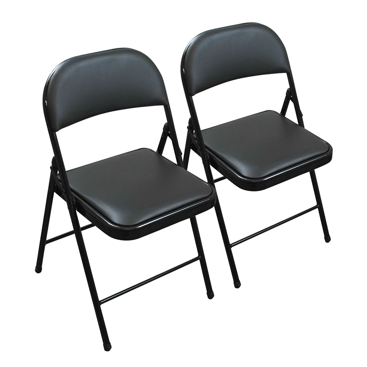 Two black folding chairs with padded seats and backs, shown on a plain white background.