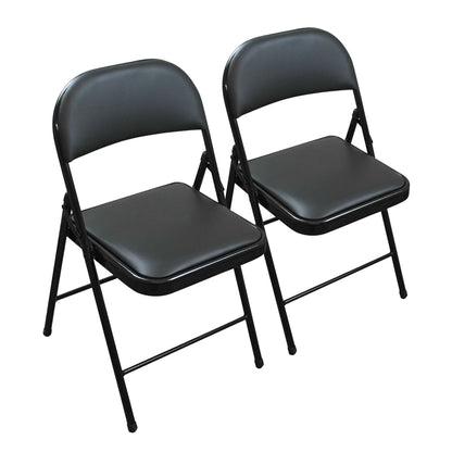 Two black folding chairs with padded seats and backs, shown on a plain white background.