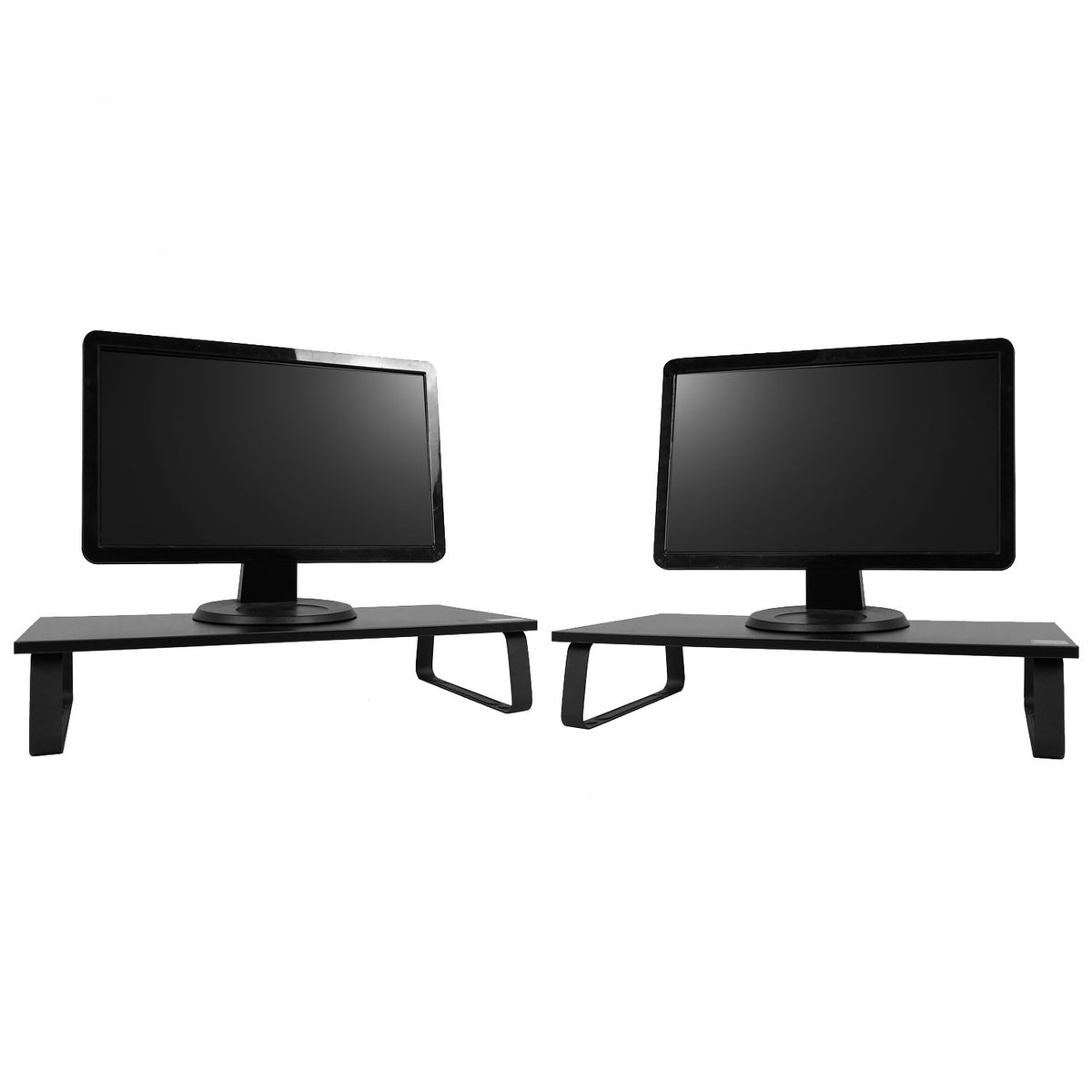 Two black computer monitor stands shown side by side, each holding a black computer monitor, on a plain white background.