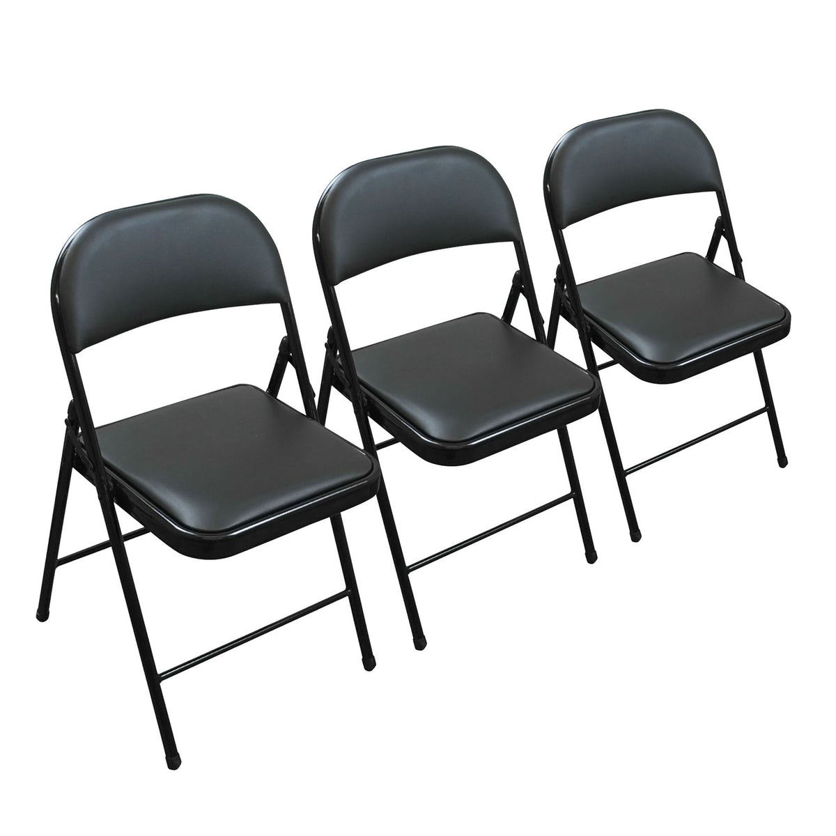 Three black folding chairs with padded seats and backs, arranged side by side on a plain white background.