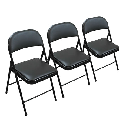 Three black folding chairs with padded seats and backs, arranged side by side on a plain white background.