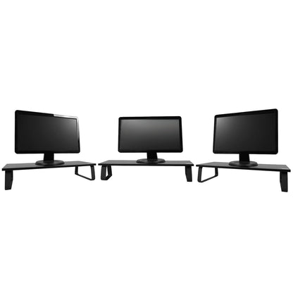 Three black monitor risers shown side by side against a plain white background, each holding a black computer monitor.