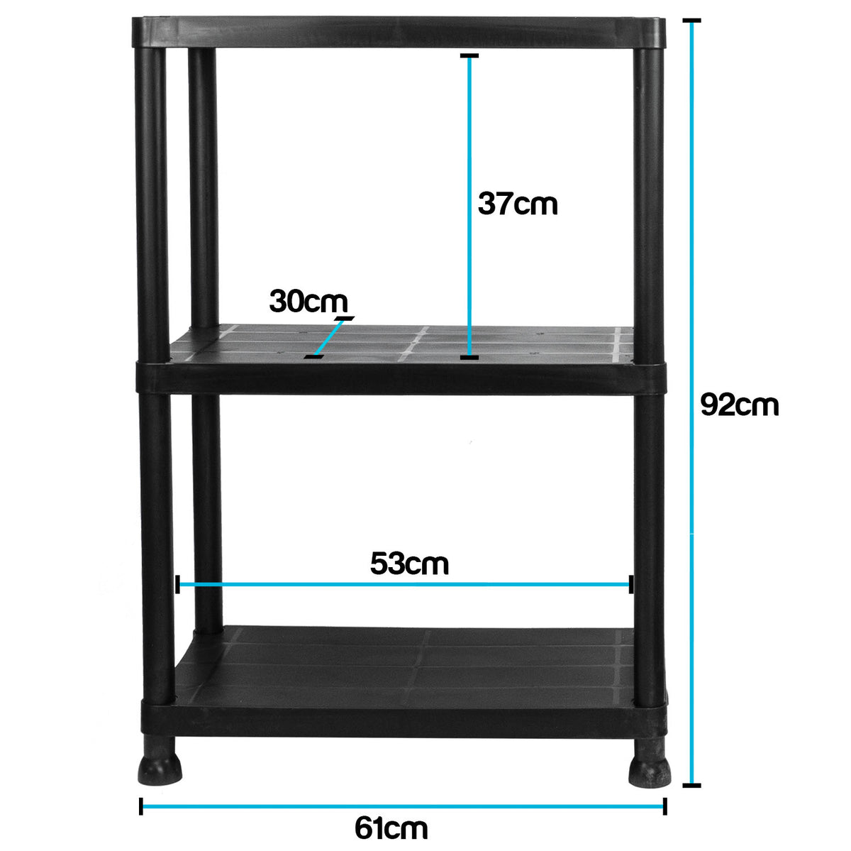 A black plastic three-tier storage shelf with dimension labels showing its height, width, and shelf spacing on a white background.