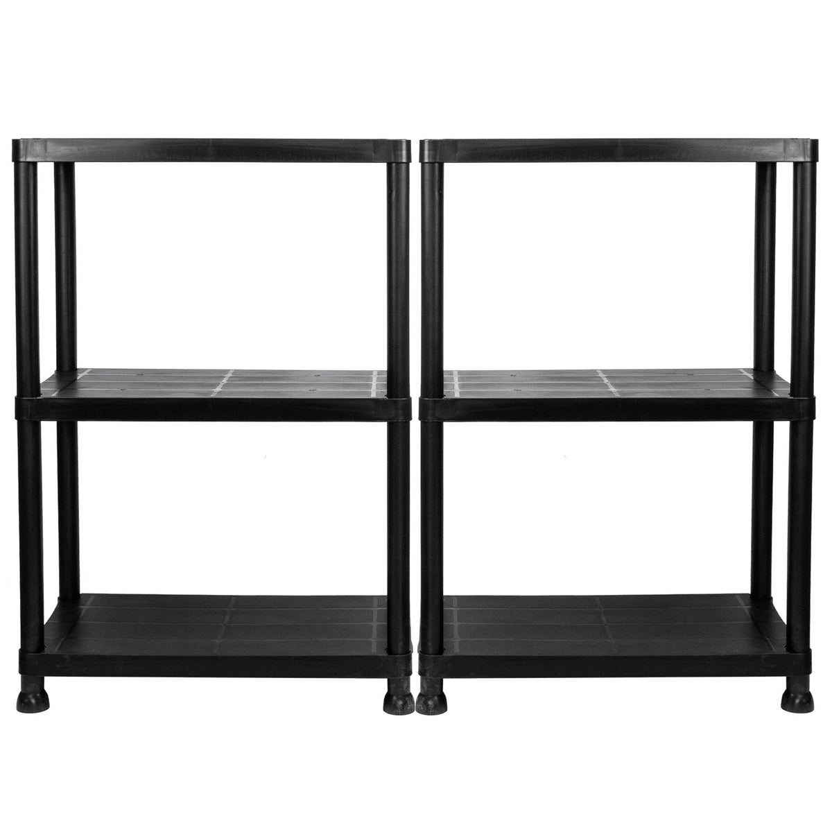 Two black plastic two-tier storage shelves shown side-by-side against a plain white background.