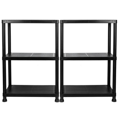 Two black plastic two-tier storage shelves shown side-by-side against a plain white background.