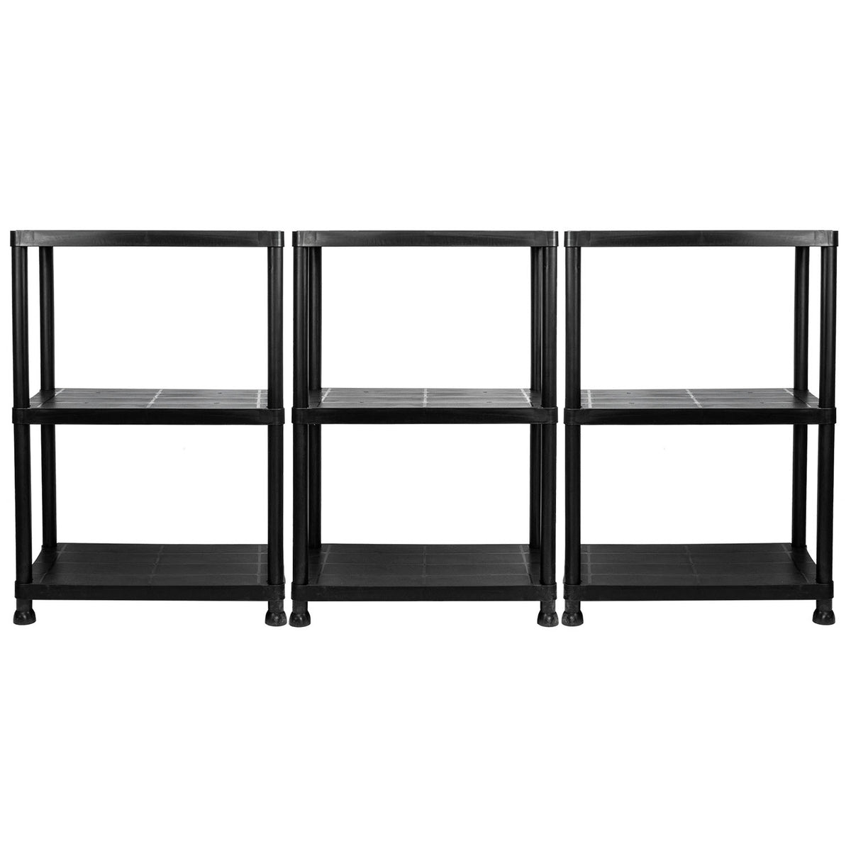 Three black plastic three-tier storage shelves with feet, shown side-by-side against a plain white background.