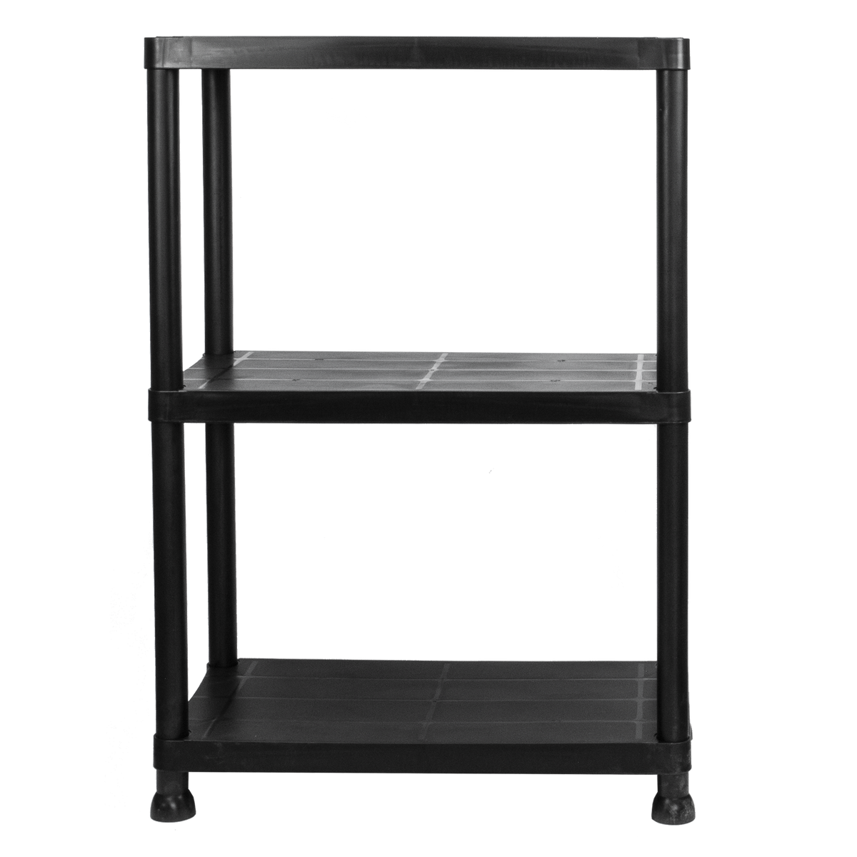 A black three-tier plastic storage shelf with a solid top and bottom and solid middle shelves, shown against a plain white background.
