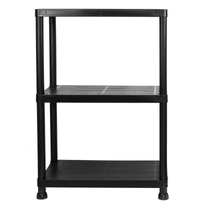 A black three-tier plastic storage shelf with a solid top and bottom and solid middle shelves, shown against a plain white background.