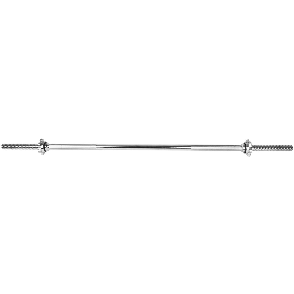 A chrome steel barbell with a polished finish, shown horizontally against a plain white background.