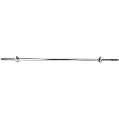 A chrome steel barbell with a polished finish, shown horizontally against a plain white background.