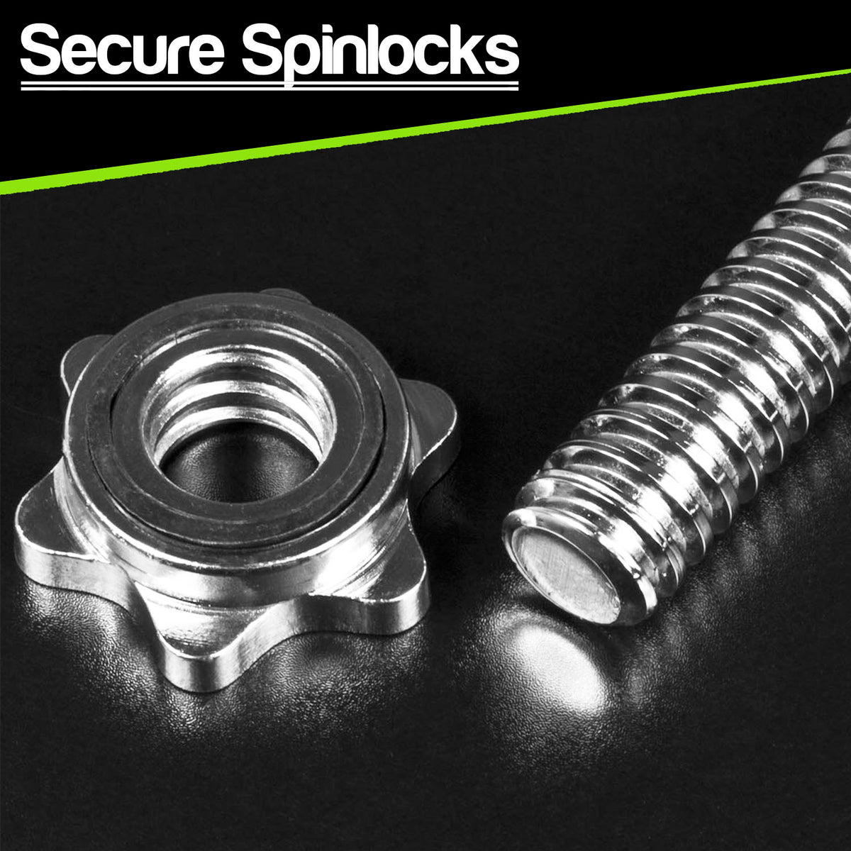 A close-up product shot showing a metallic star-shaped lock component and a threaded metal rod on a dark reflective surface, with the text 'Secure Spinlocks' at the top.