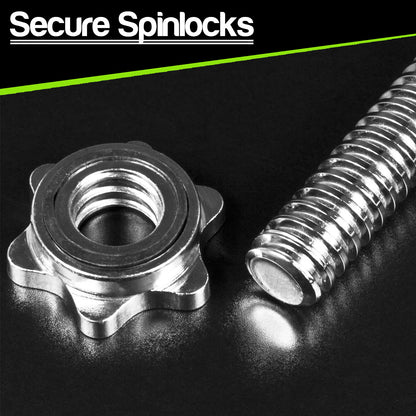 A close-up product shot showing a metallic star-shaped lock component and a threaded metal rod on a dark reflective surface, with the text 'Secure Spinlocks' at the top.