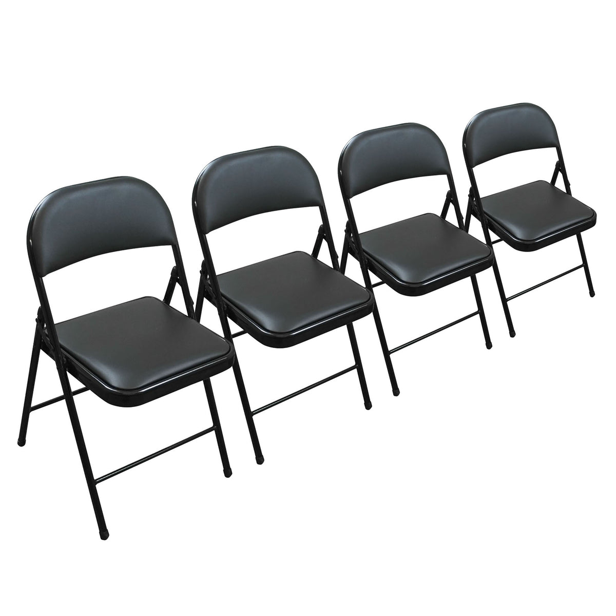 Four black folding chairs with padded seats and backs, arranged in a row on a plain white background.