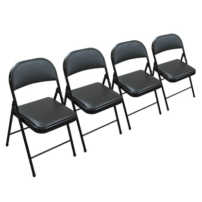 Four black folding chairs with padded seats and backs, arranged in a row on a plain white background.