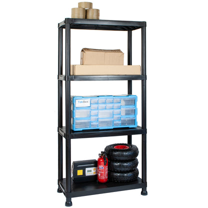 A black metal 4-tier storage rack with shelves, shown on a white background and stocked with various items including cardboard boxes, blue storage bins, tires, and a fire extinguisher.