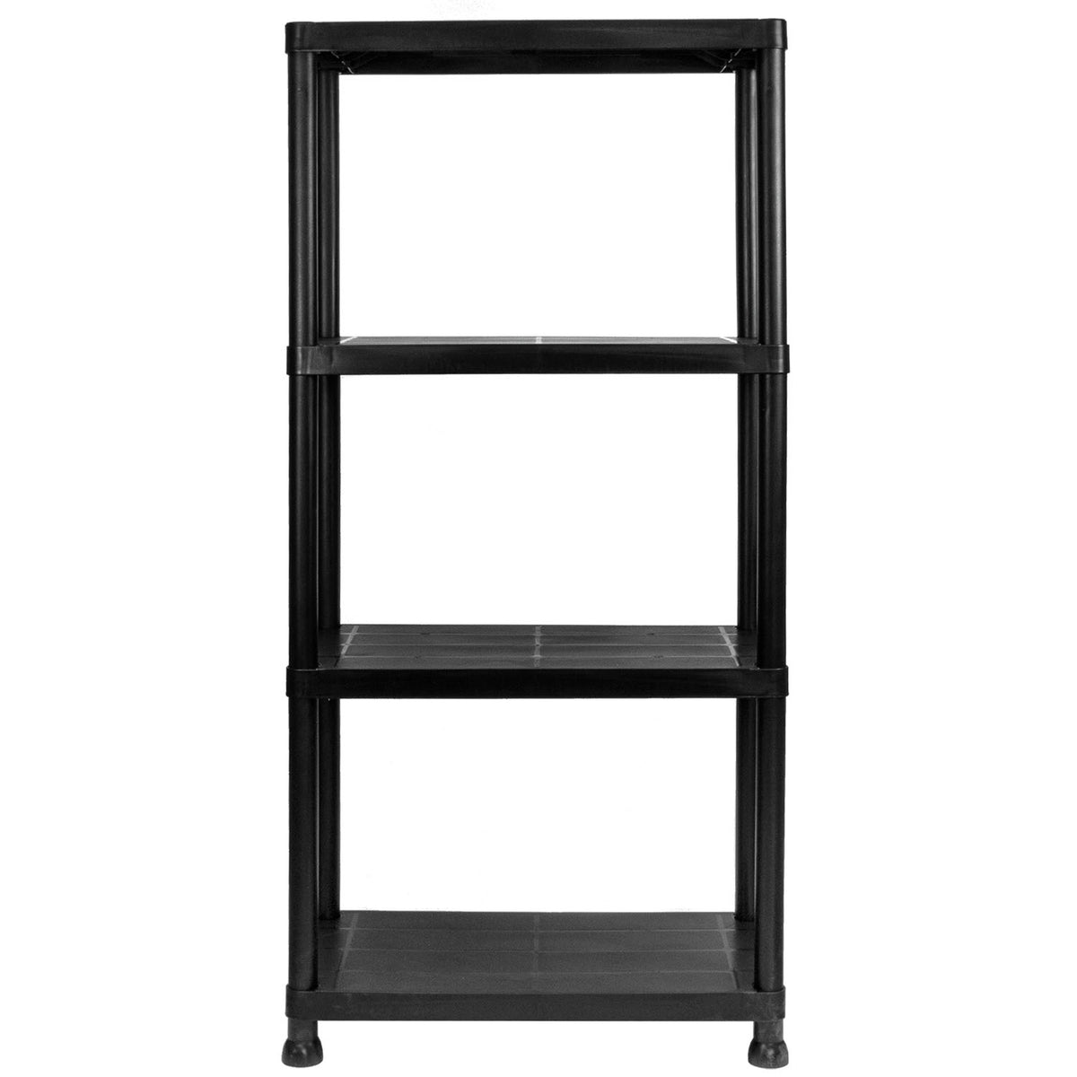 A black four-tier plastic shelving unit with a rectangular design, shown against a plain white background.
