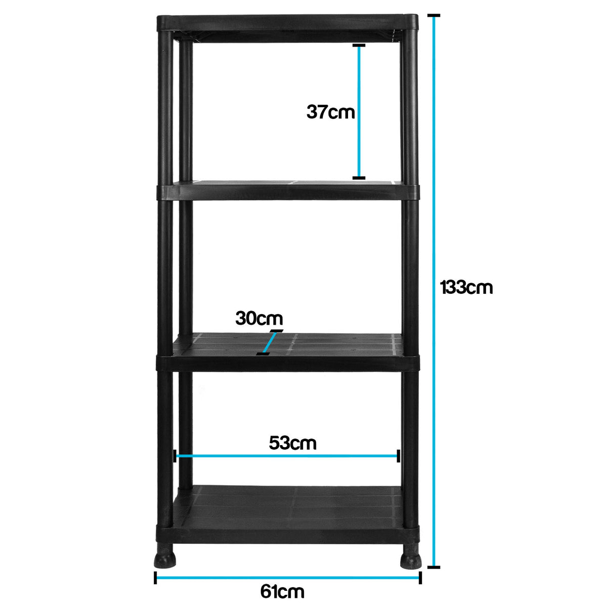 A black four-tier plastic storage shelf with overlaid dimension lines and measurements showing 133cm height, 61cm width, 53cm shelf spacing, 30cm middle shelf depth, and 37cm upper shelf depth.