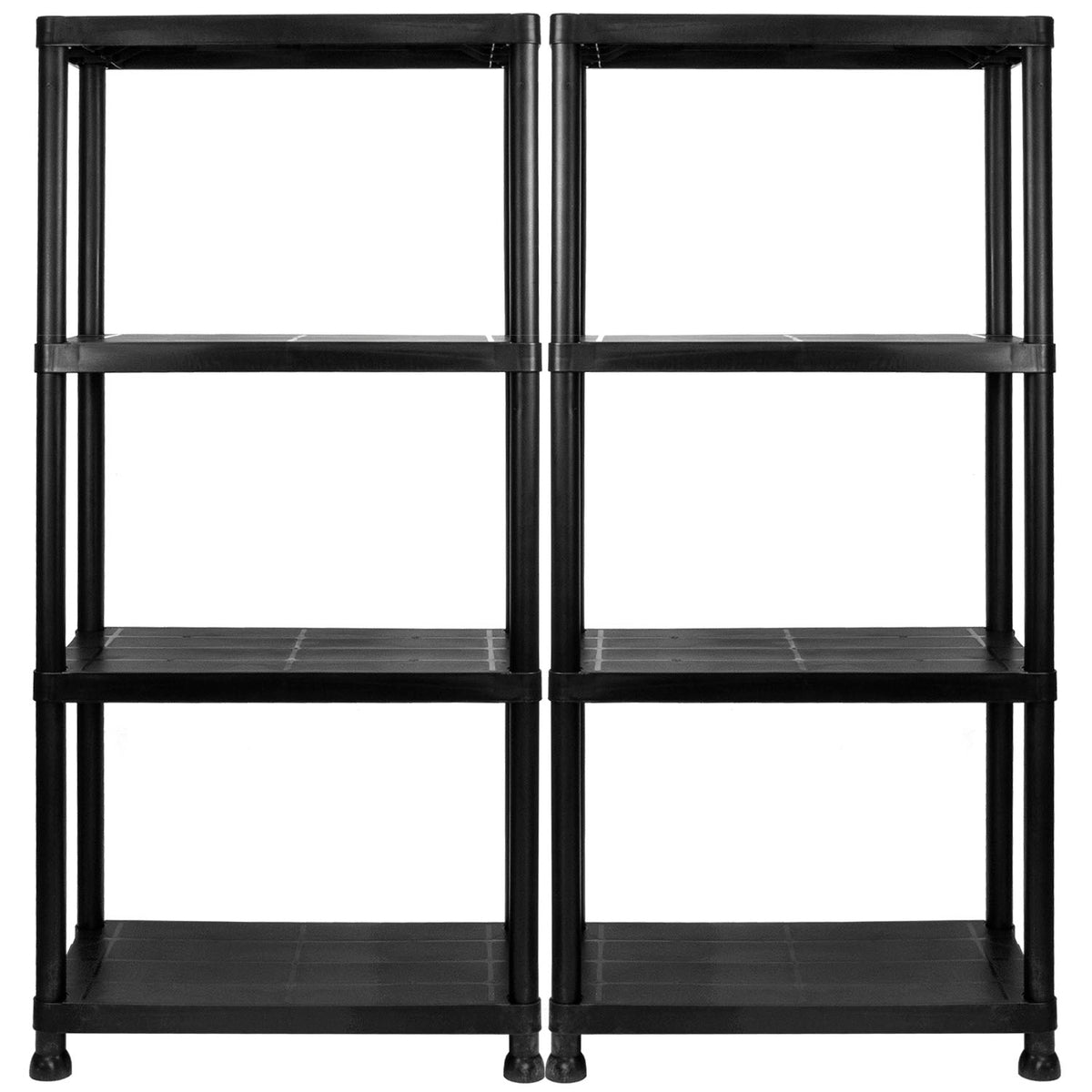 Two black plastic 4-tier storage shelves shown side-by-side against a plain white background.