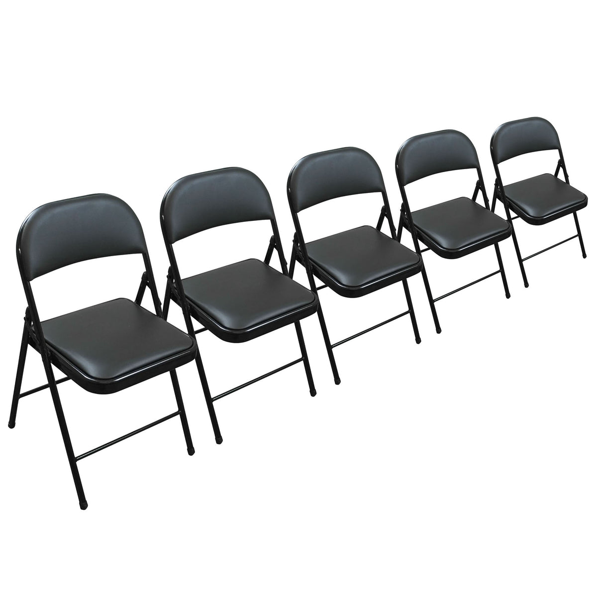 Five black folding chairs arranged in a row on a plain white background.