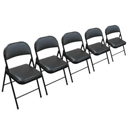 Five black folding chairs arranged in a row on a plain white background.