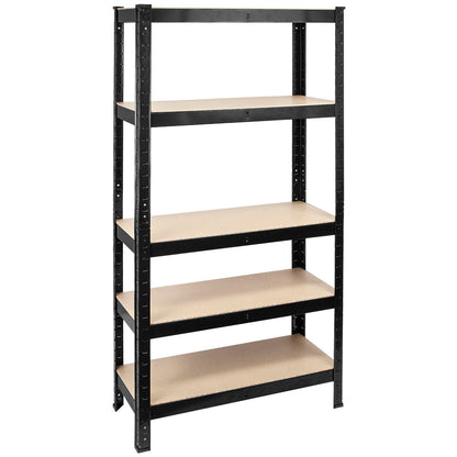 A 5-tier black metal warehouse shelving unit with light beige cardboard shelves, shown on a solid white background.