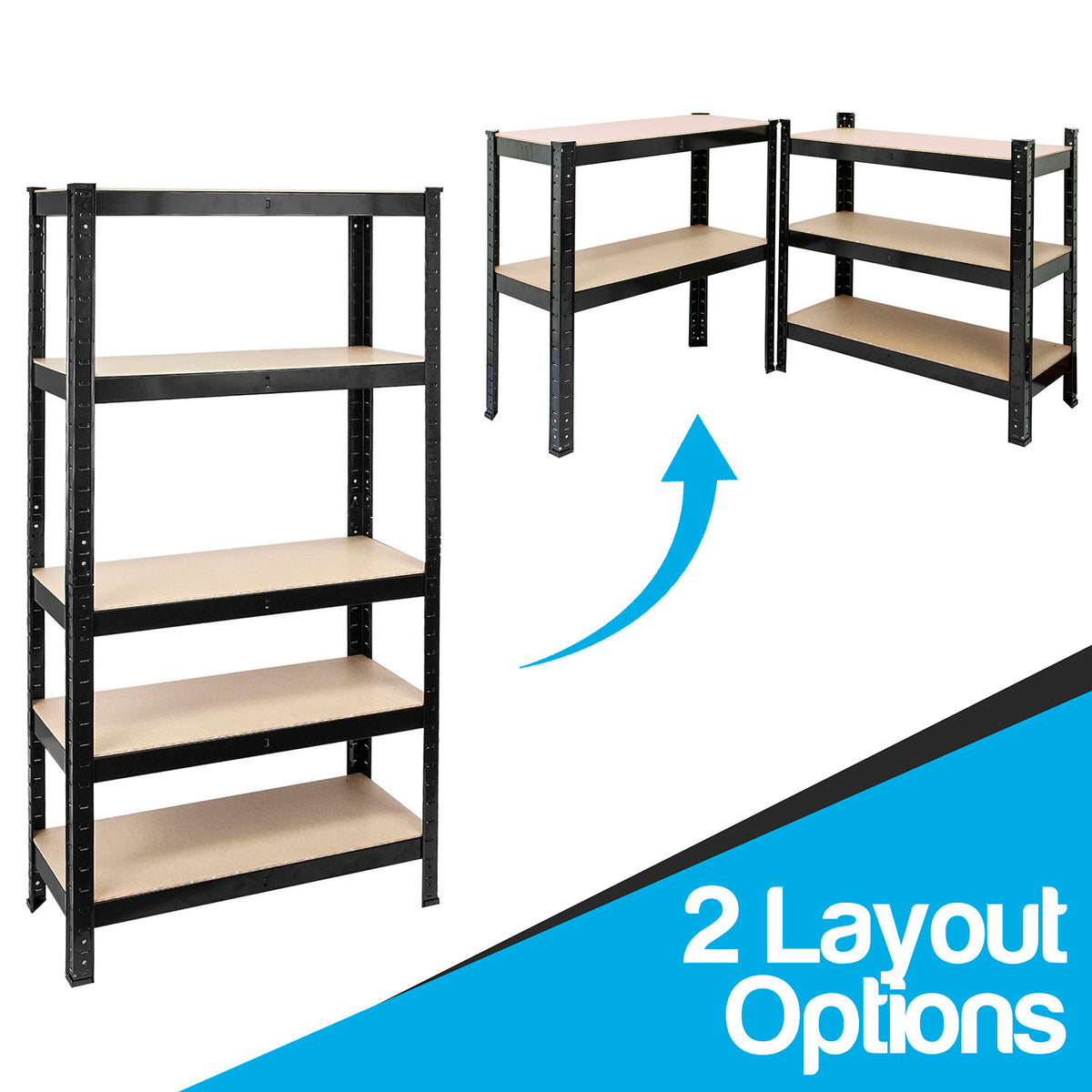 Black metal industrial shelving units with beige shelves shown in two layout configurations on a white background, with a blue arrow and text reading '2 Layout Options'.