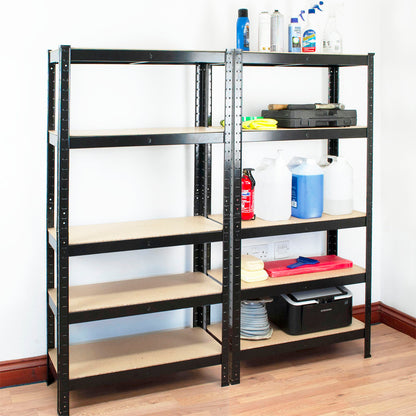 A tall black metal shelving unit with five shelves, featuring a light tan wood-look panel on each shelf. The unit is shown in a room setting with a white wall and wooden floor, filled with various household and cleaning supplies.