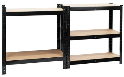 A modular black metal shelving system with light wood shelves, shown on a plain white background.
