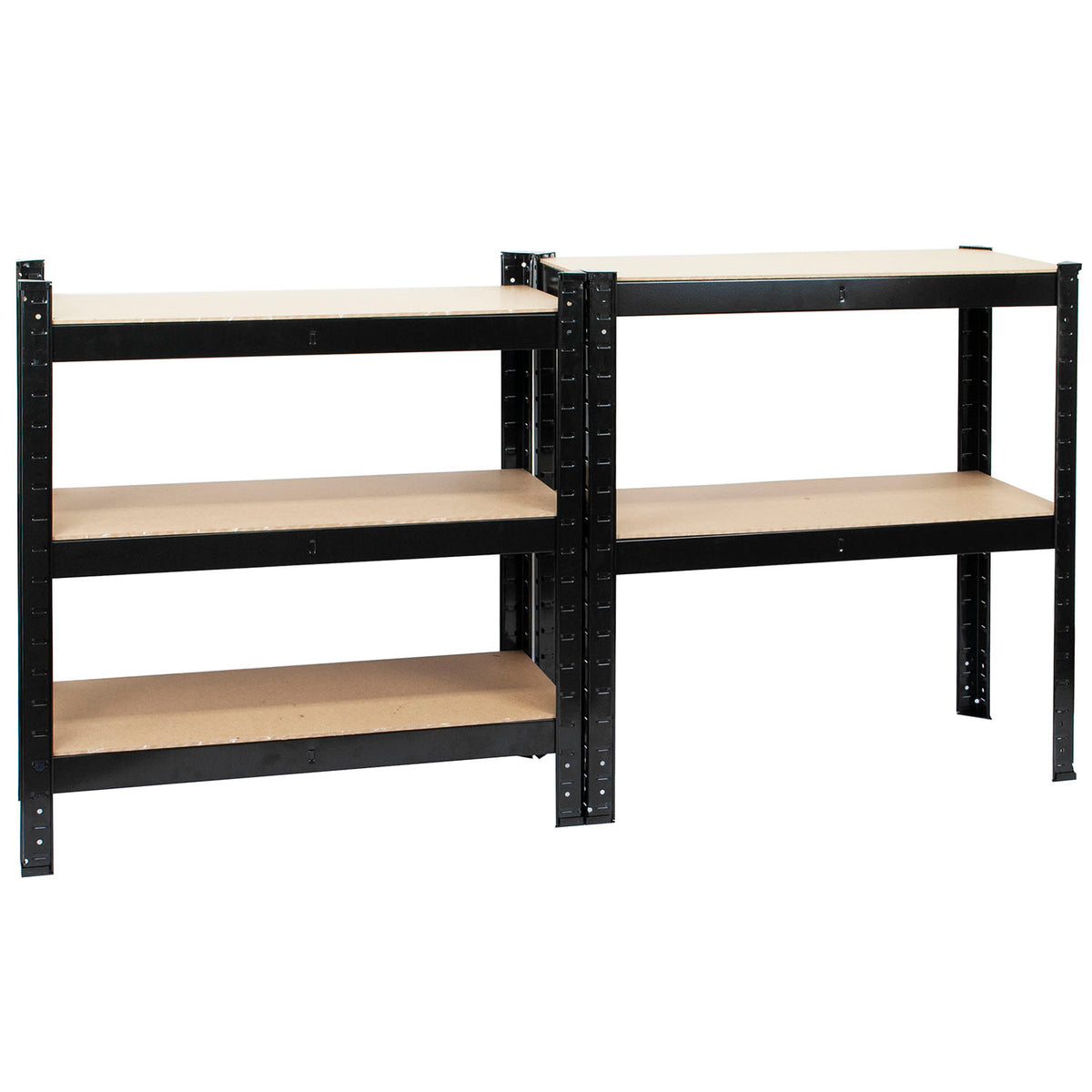 A modular black metal warehouse shelving unit with light natural wood shelves, shown against a plain white background.