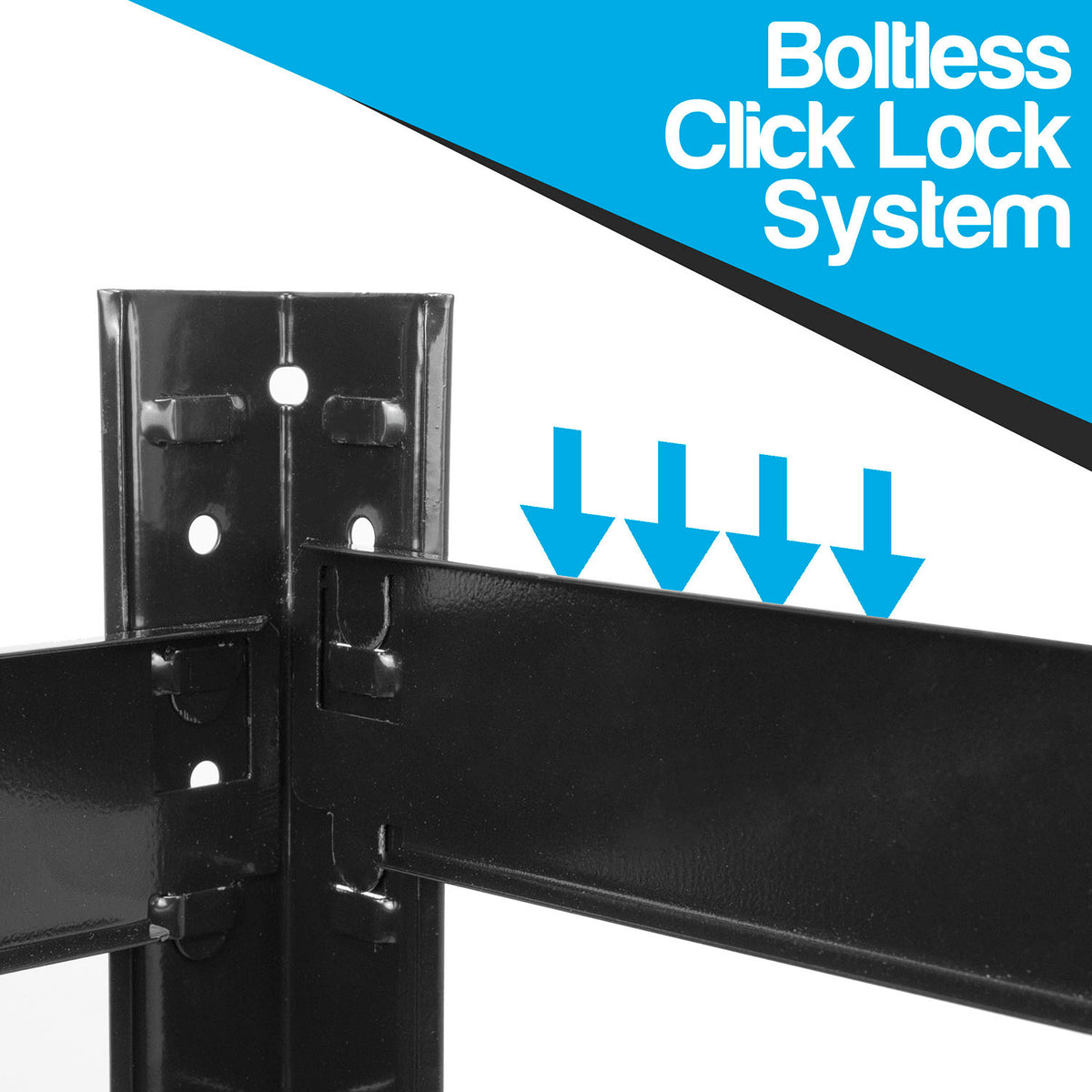 Black metal shelving unit with a boltless click lock system, shown with blue arrows indicating the locking mechanism and a blue text banner reading 'Boltless Click Lock System'.