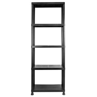 A black five-tier plastic shelving unit with a rectangular design and small feet at the bottom, shown against a plain white background.
