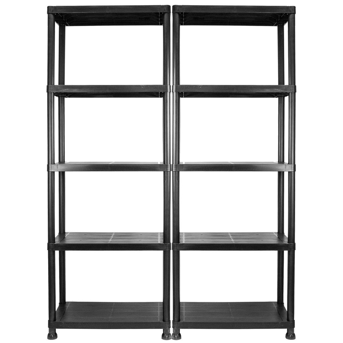 Two black plastic 5-tier shelving units standing side-by-side against a plain white background.