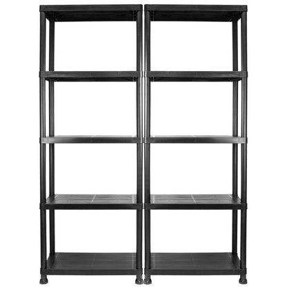 Two black plastic 5-tier shelving units standing side-by-side against a plain white background.